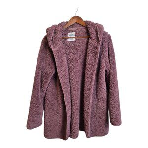 PINK Women Fleece Open Front Cardigan Sherpa Coat Sweater Plum Purple XS/S
